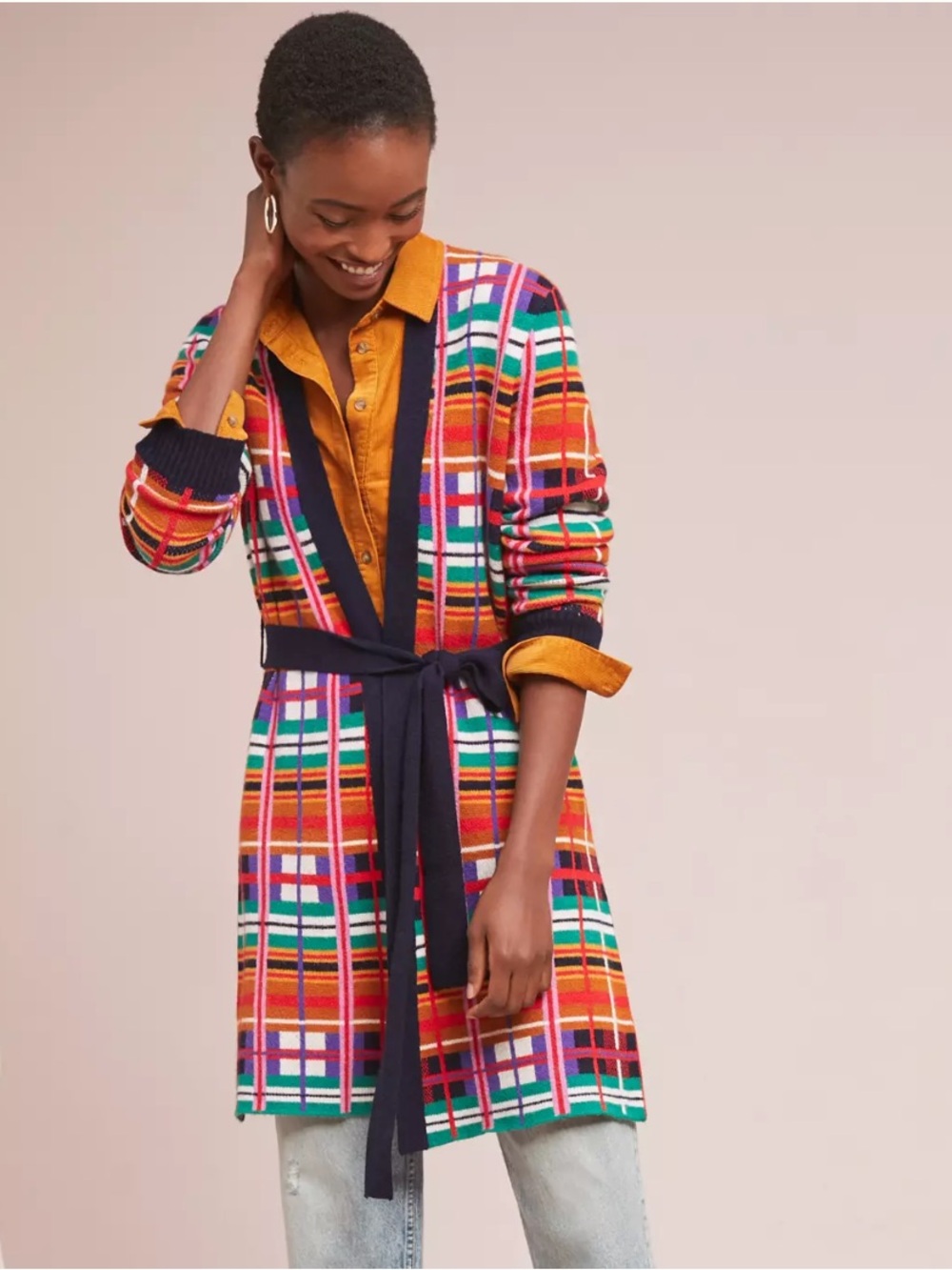 Anthropologie Multicolor Plaid Longline Coatigan with Navy Trim